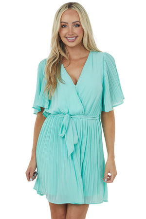 Aqua Half Sleeve Pleated Surplice Mini Dress