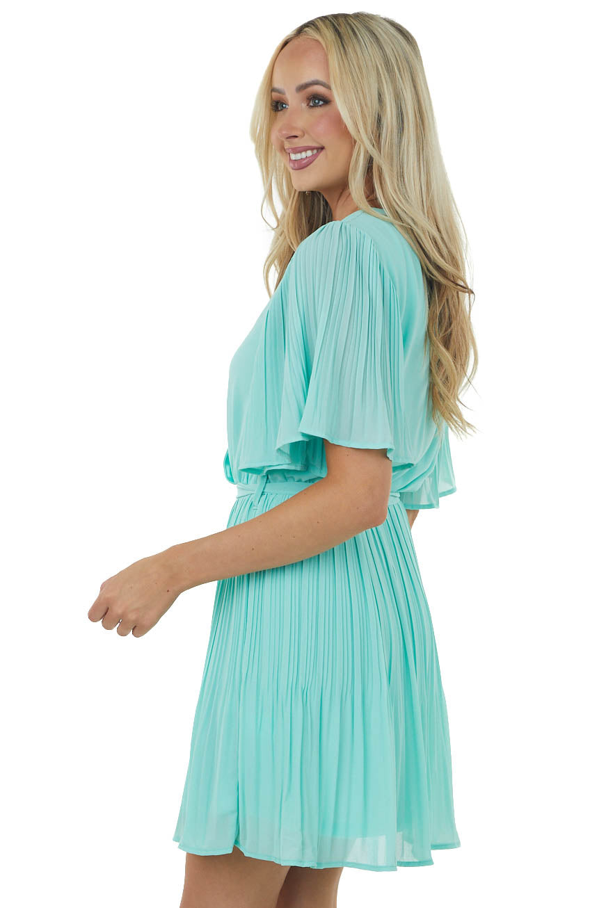 Aqua Half Sleeve Pleated Surplice Mini Dress