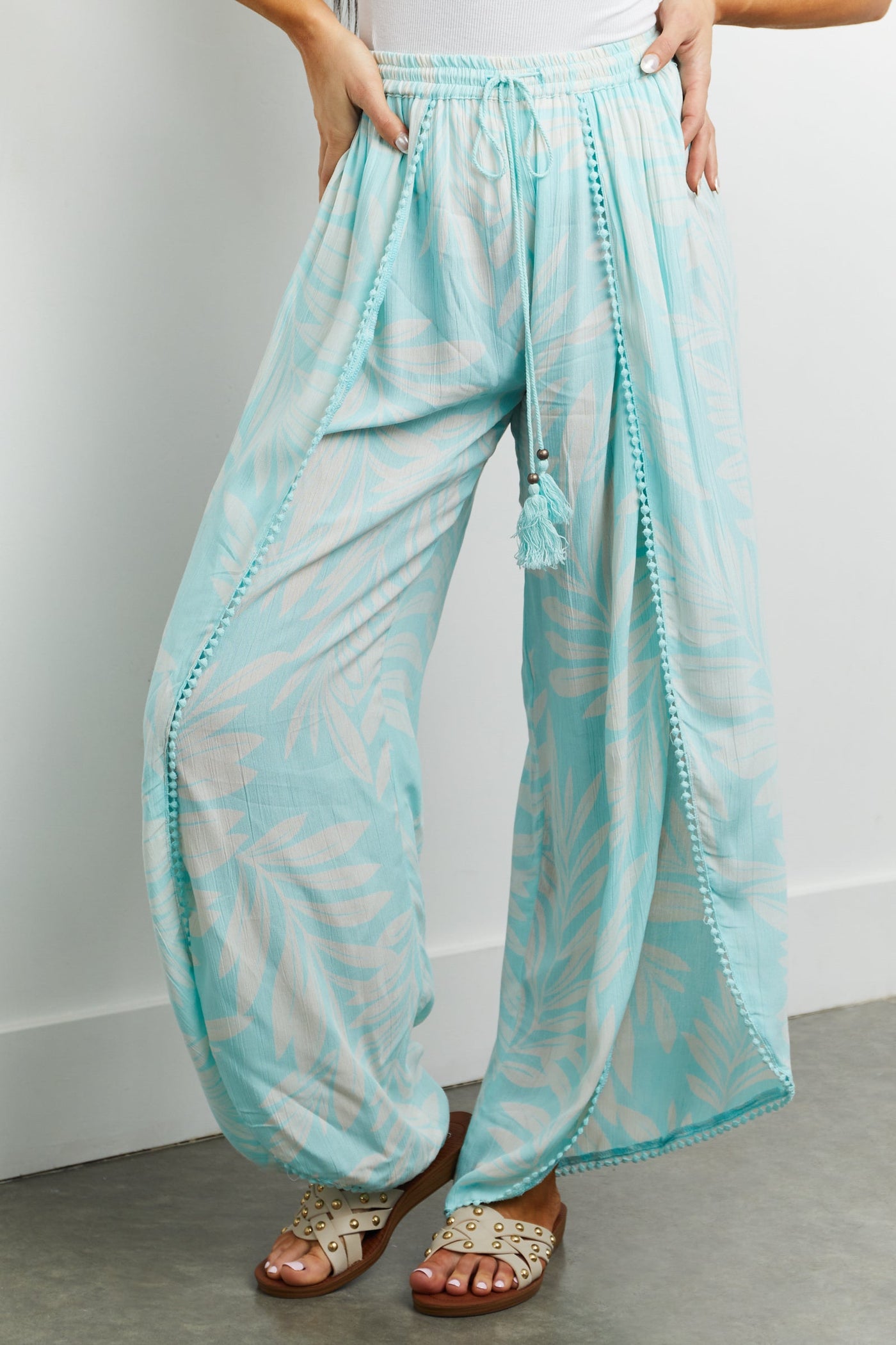 Aqua Leaf Print Open Leg Flowy Wrap Pants