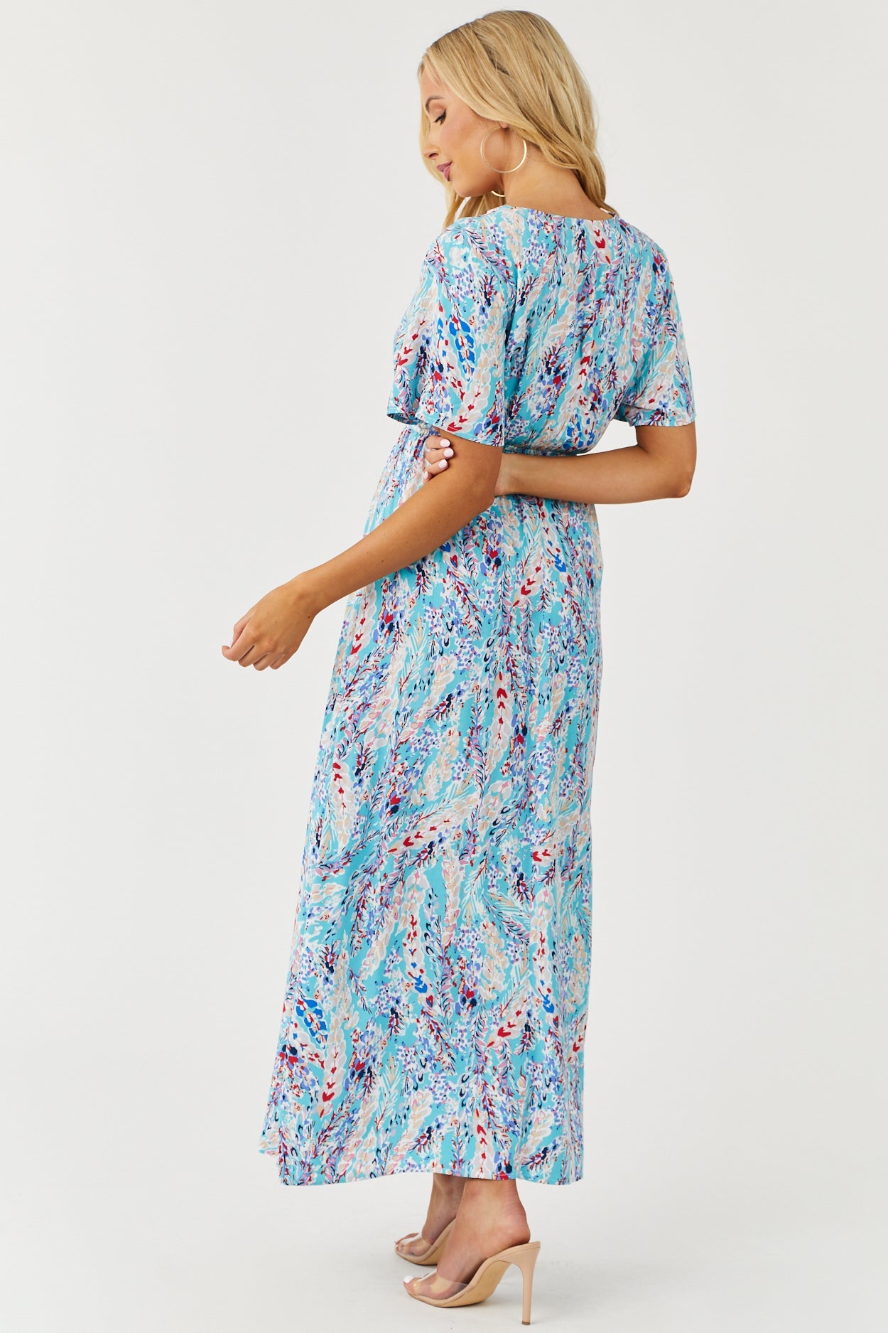 Aqua Printed Short Sleeve Surplice Maxi Dress