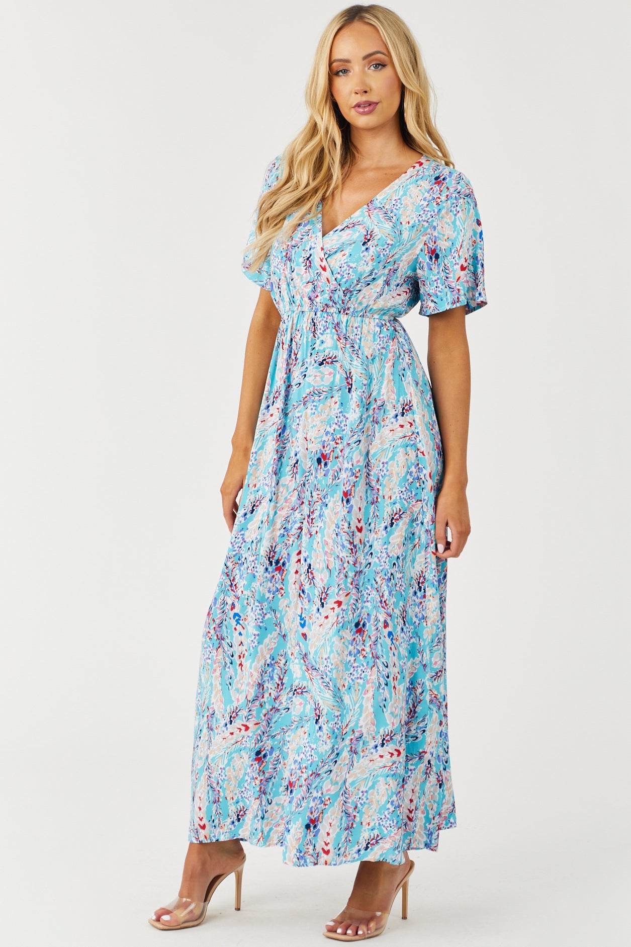 Aqua Printed Short Sleeve Surplice Maxi Dress