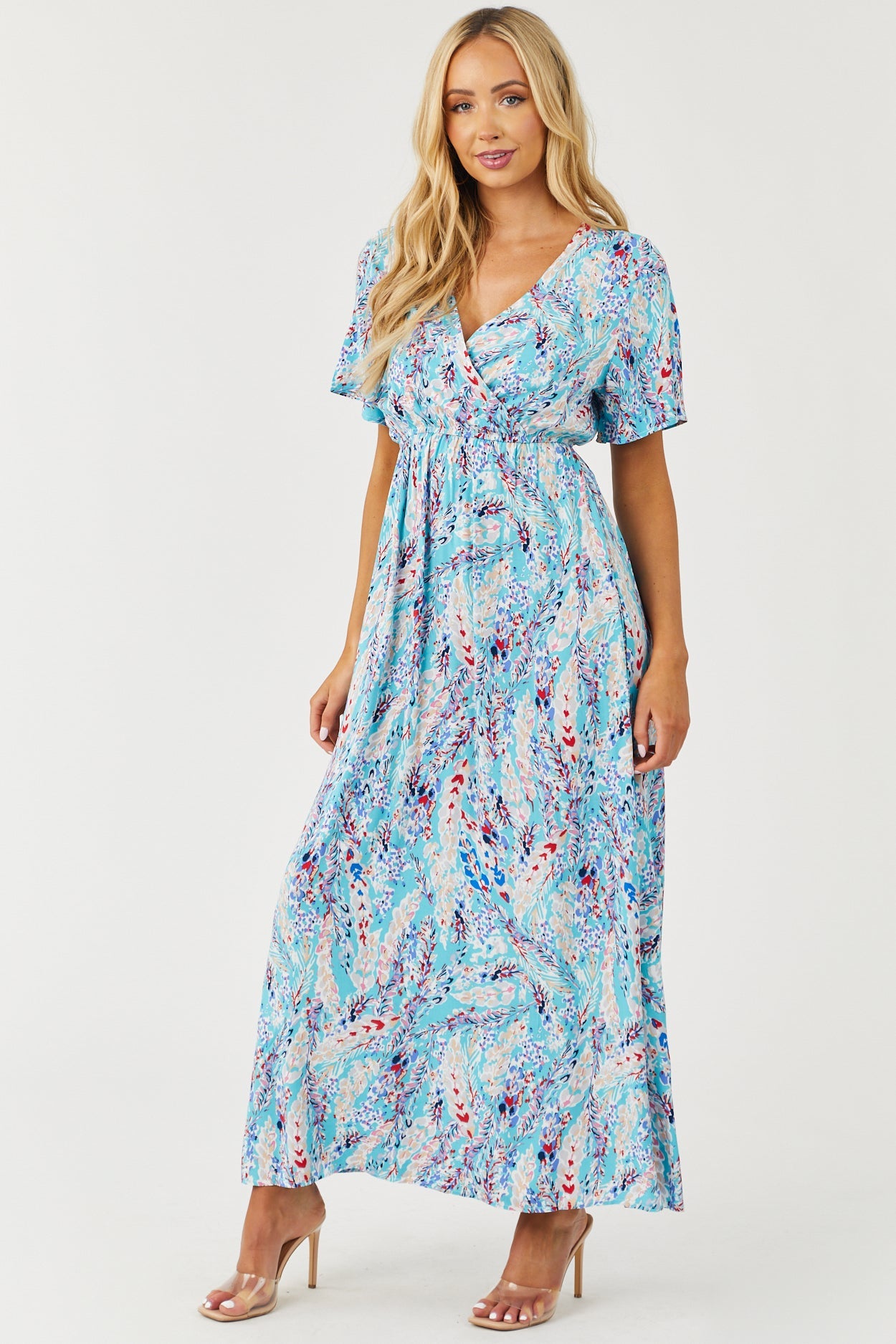 Aqua Printed Short Sleeve Surplice Maxi Dress