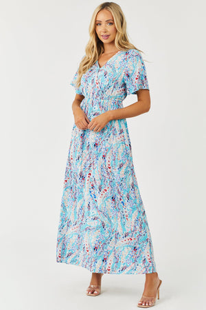 Aqua Printed Short Sleeve Surplice Maxi Dress