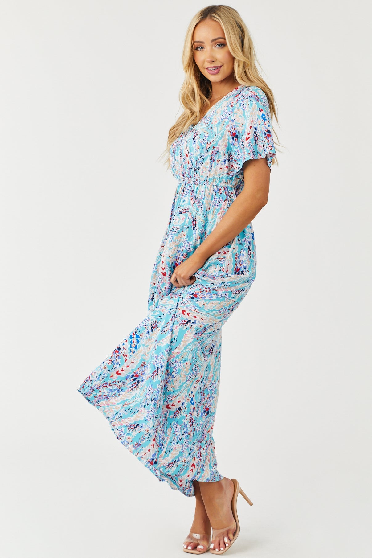 Aqua Printed Short Sleeve Surplice Maxi Dress
