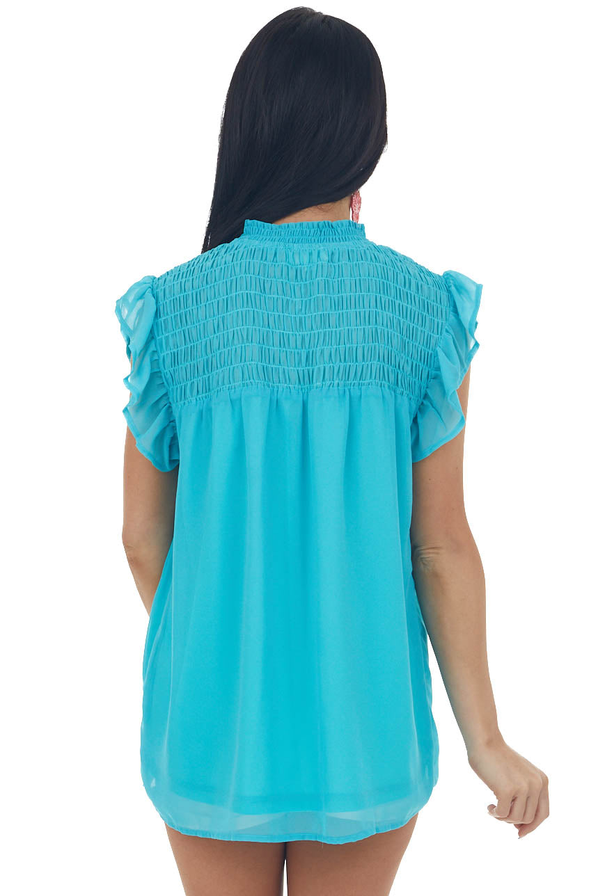 Aqua Smocked Yoke Ruffle Cap Sleeve Blouse