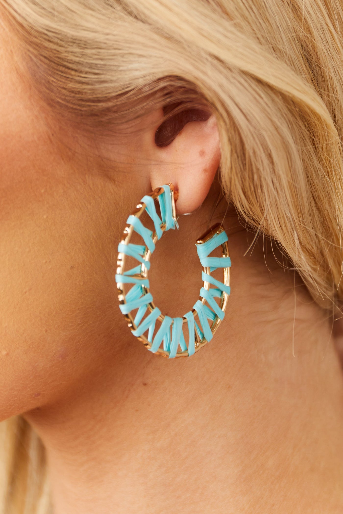 Aqua Rattan Wrapped Gold Hoop Earrings