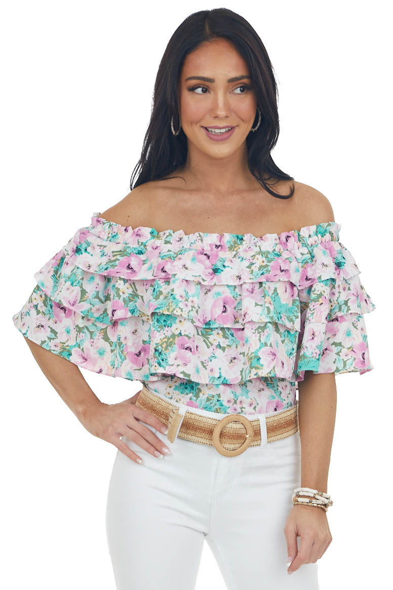 Aquamarine Floral Off Shoulder Overlay Blouse 