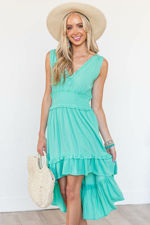 Aquamarine Lace V Neck High Low Sleeveless Dress