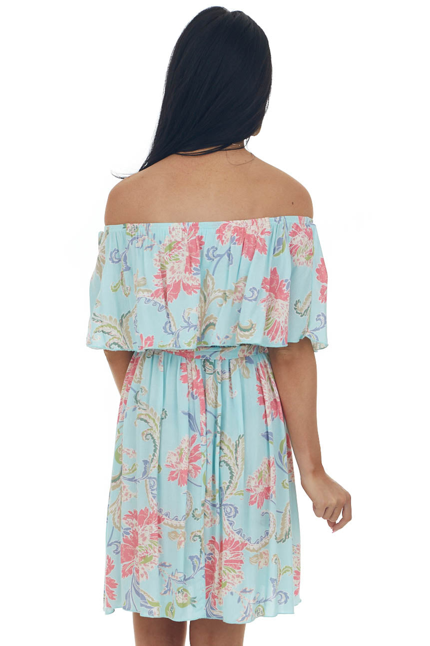 Arctic Blue Floral Off Shoulder Short Dress