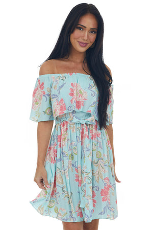 Arctic Blue Floral Off Shoulder Short Dress