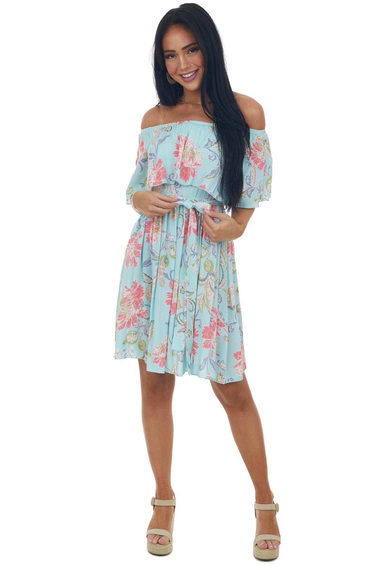 Arctic Blue Floral Off Shoulder Short Dress