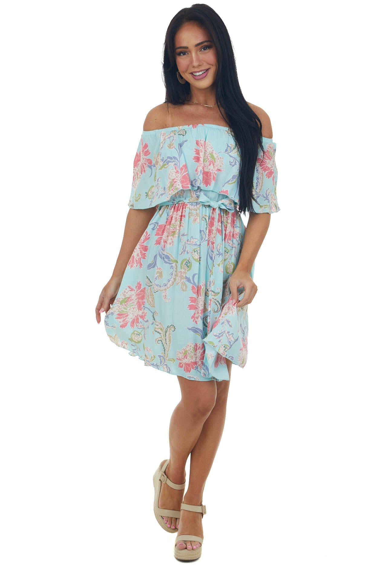 Arctic Blue Floral Off Shoulder Short Dress