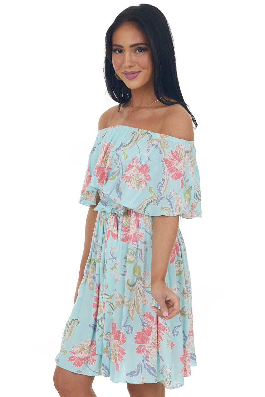 Arctic Blue Floral Off Shoulder Short Dress