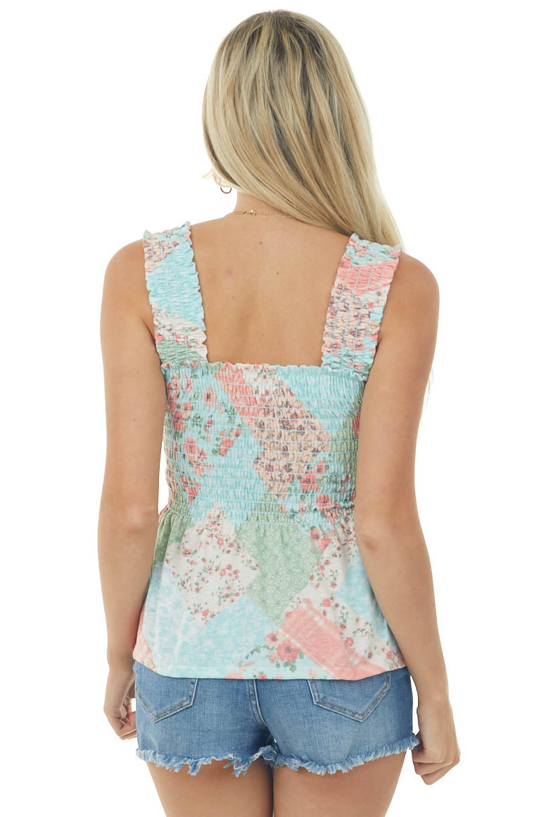 Arctic Blue Multiprint Smocked Peplum Tank Top