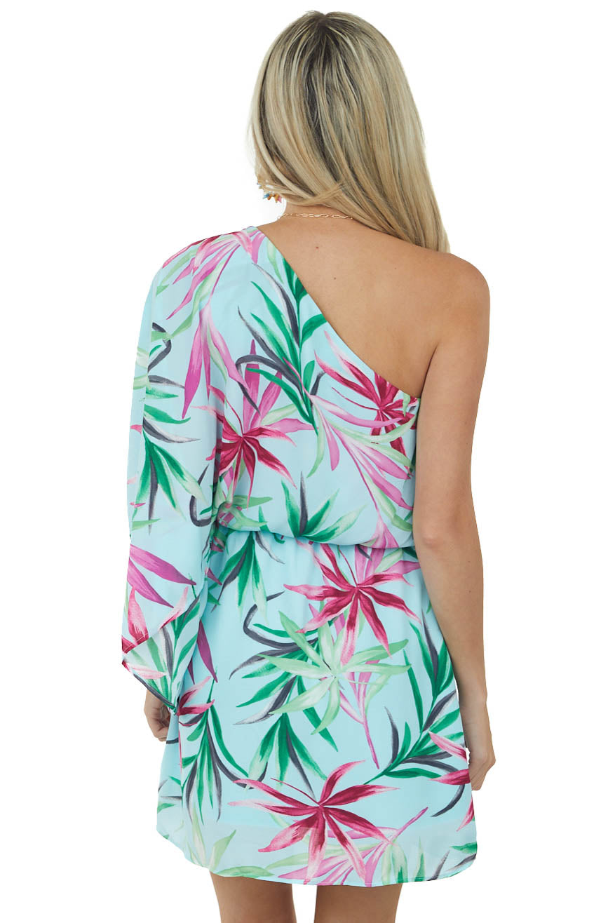 Arctic Blue Tropical Print One Shoulder Short Dress