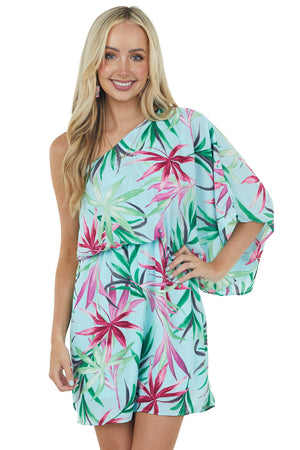 Arctic Blue Tropical Print One Shoulder Short Dress