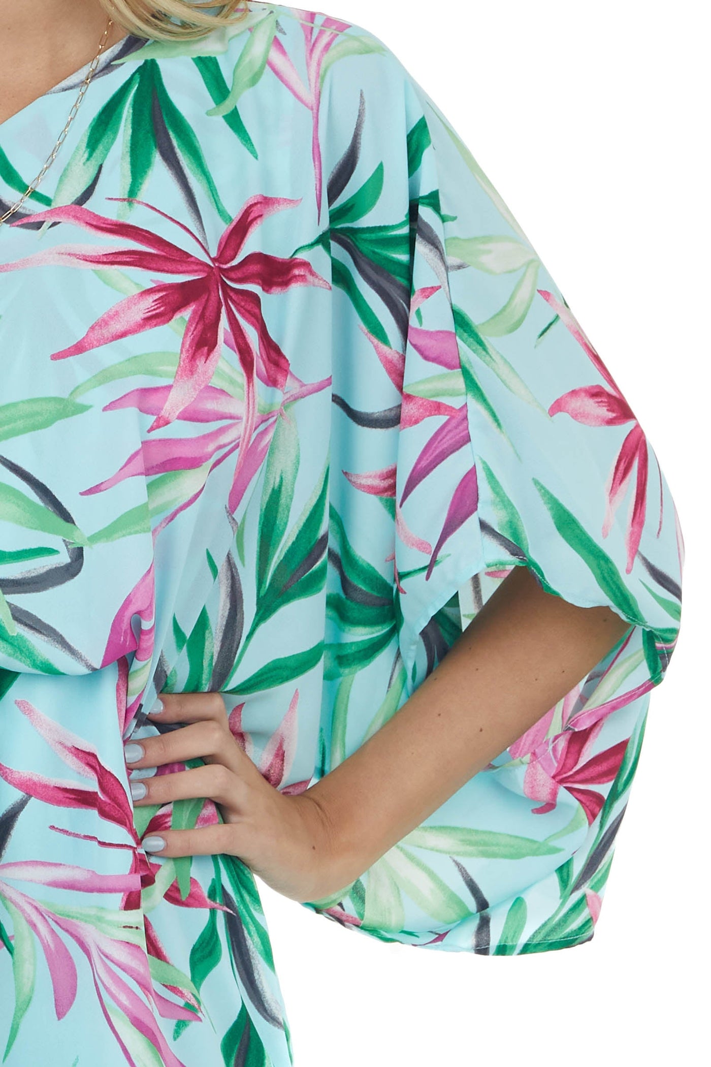 Arctic Blue Tropical Print One Shoulder Short Dress