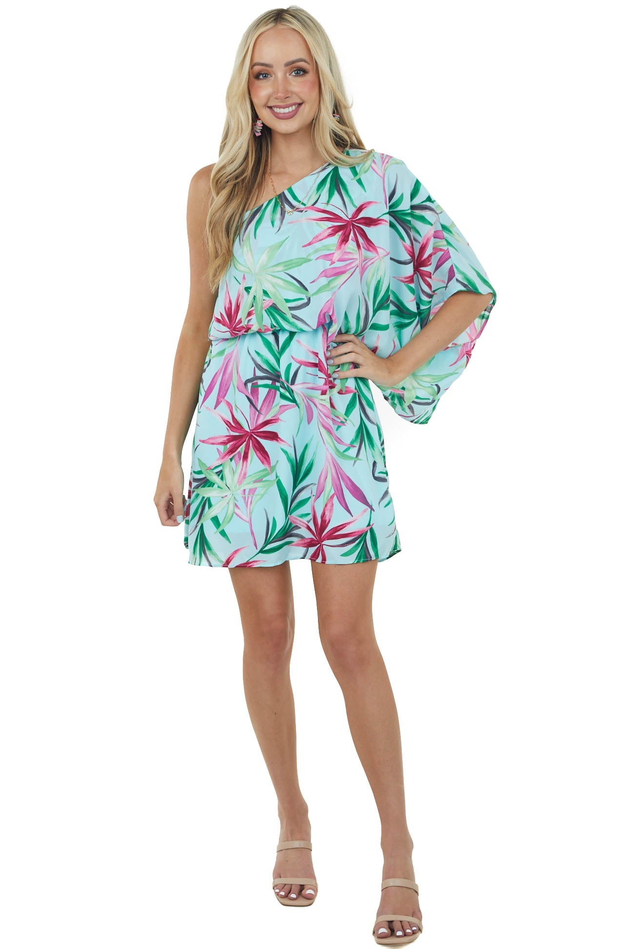 Arctic Blue Tropical Print One Shoulder Short Dress