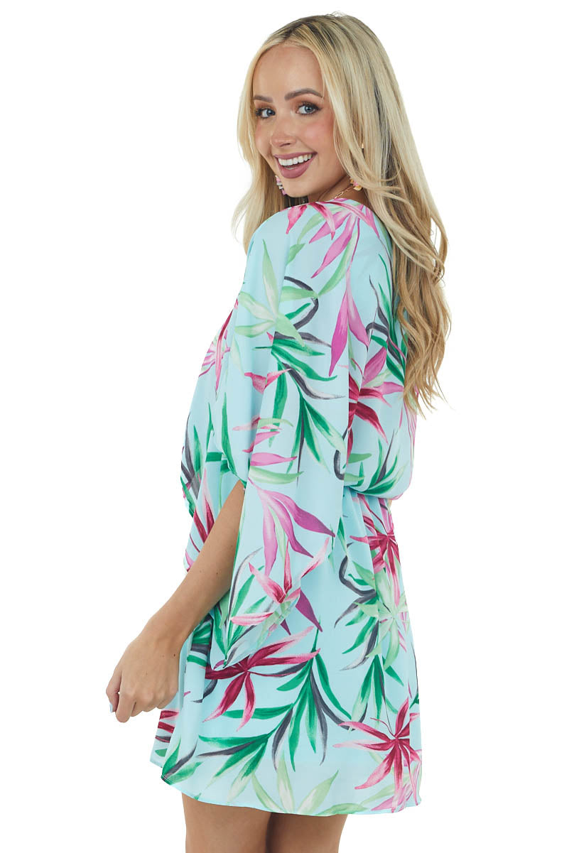 Arctic Blue Tropical Print One Shoulder Short Dress