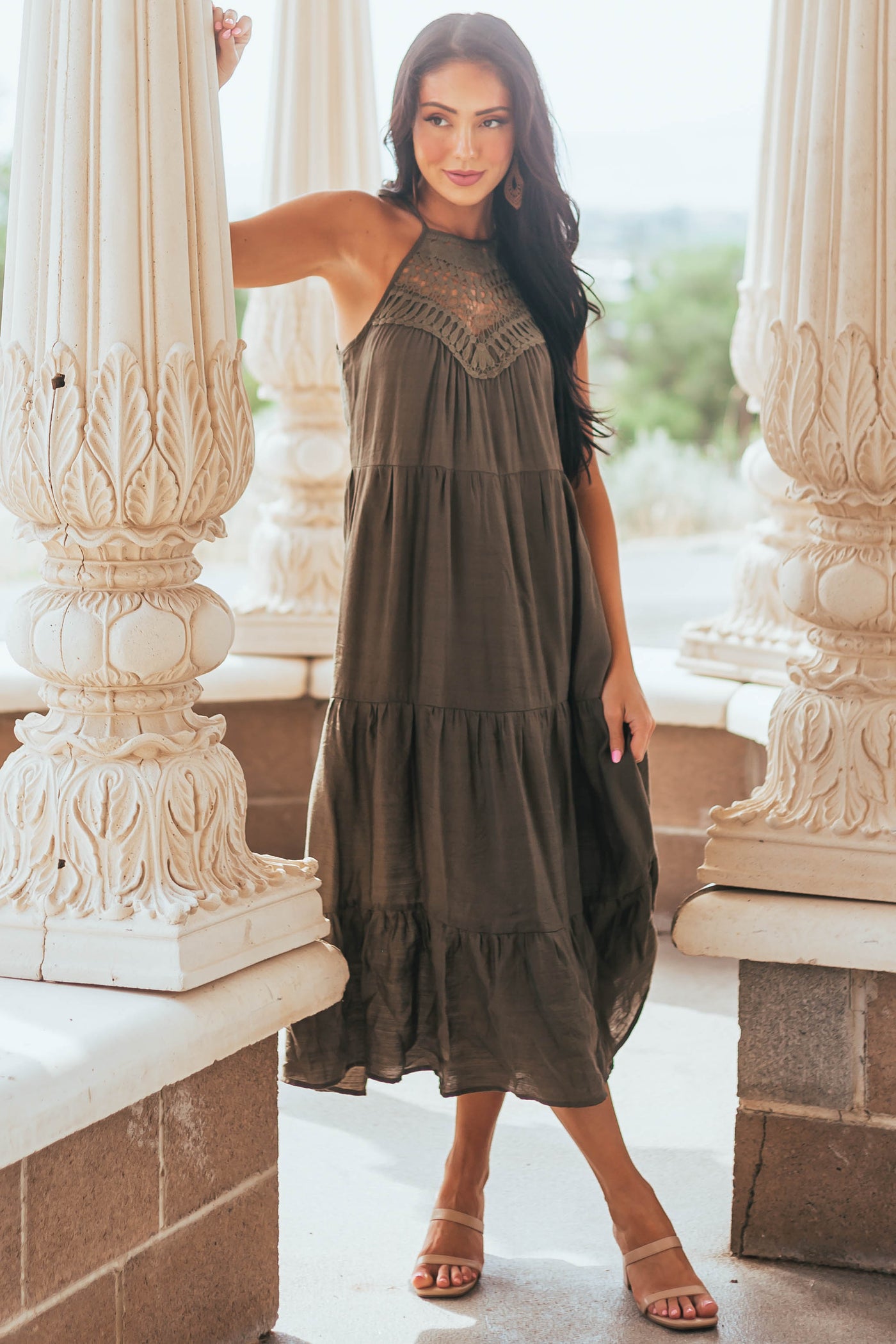 Army Green Halter Neck Lace Yoke Woven Midi Dress