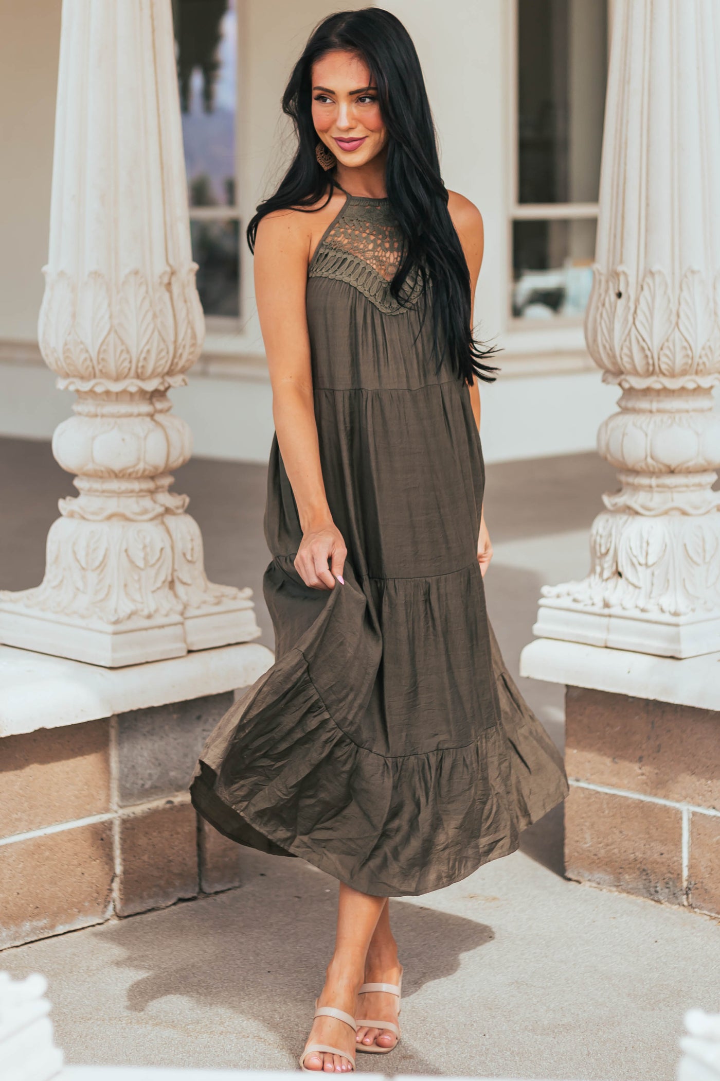 Army Green Halter Neck Lace Yoke Woven Midi Dress