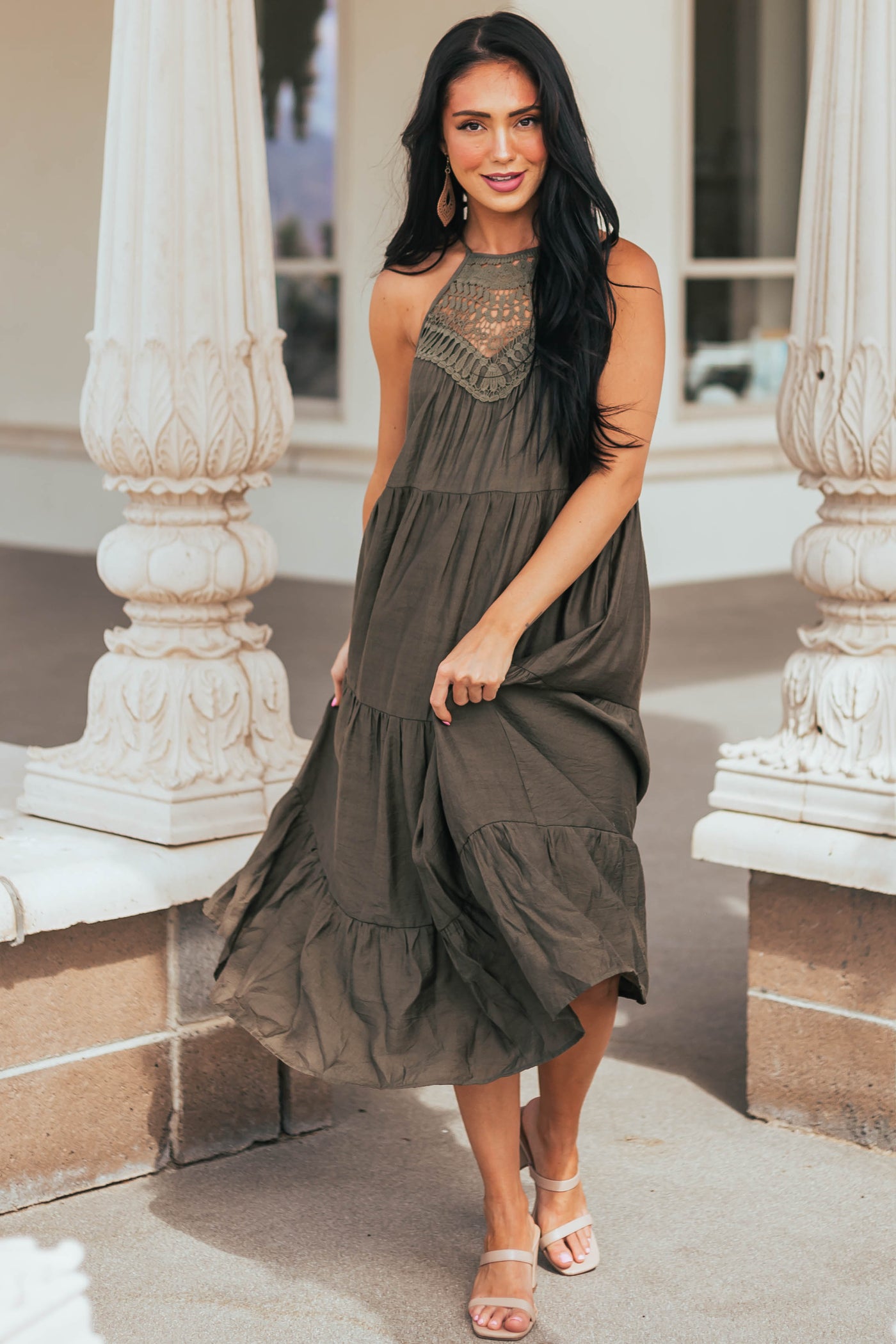 Army Green Halter Neck Lace Yoke Woven Midi Dress