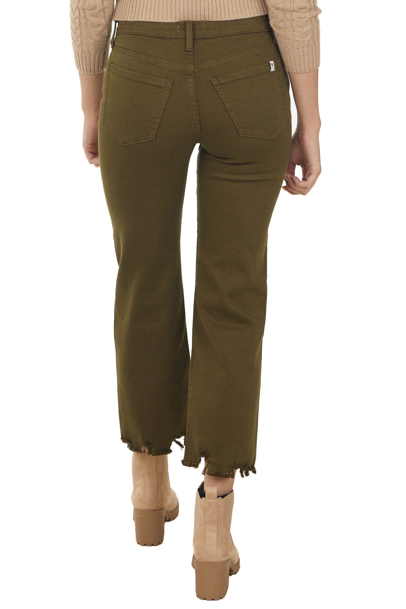 Army Green Mid Rise Cropped Straight Leg Jeans
