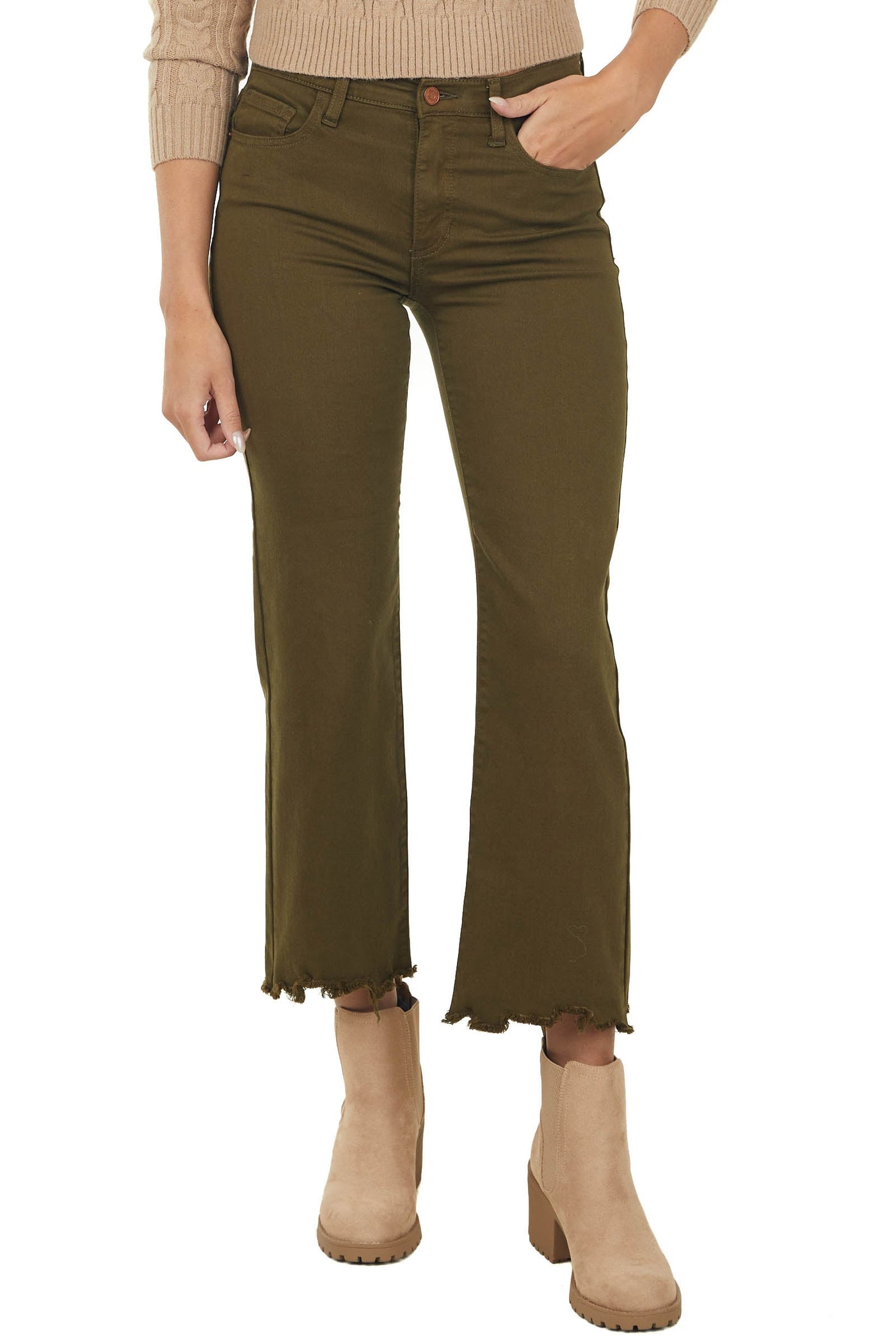Army Green Mid Rise Cropped Straight Leg Jeans