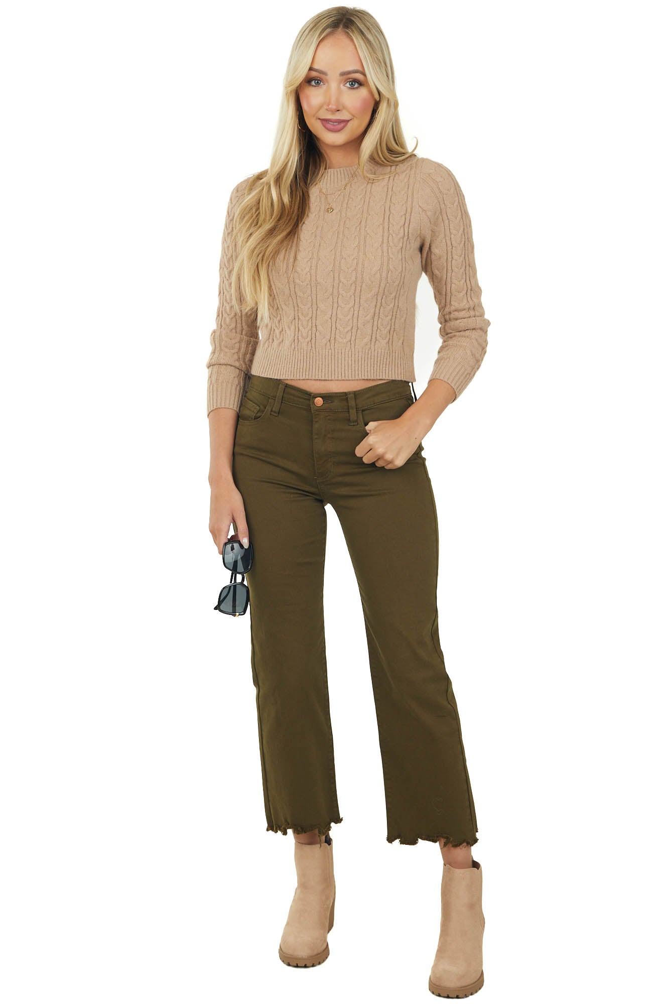 Army Green Mid Rise Cropped Straight Leg Jeans