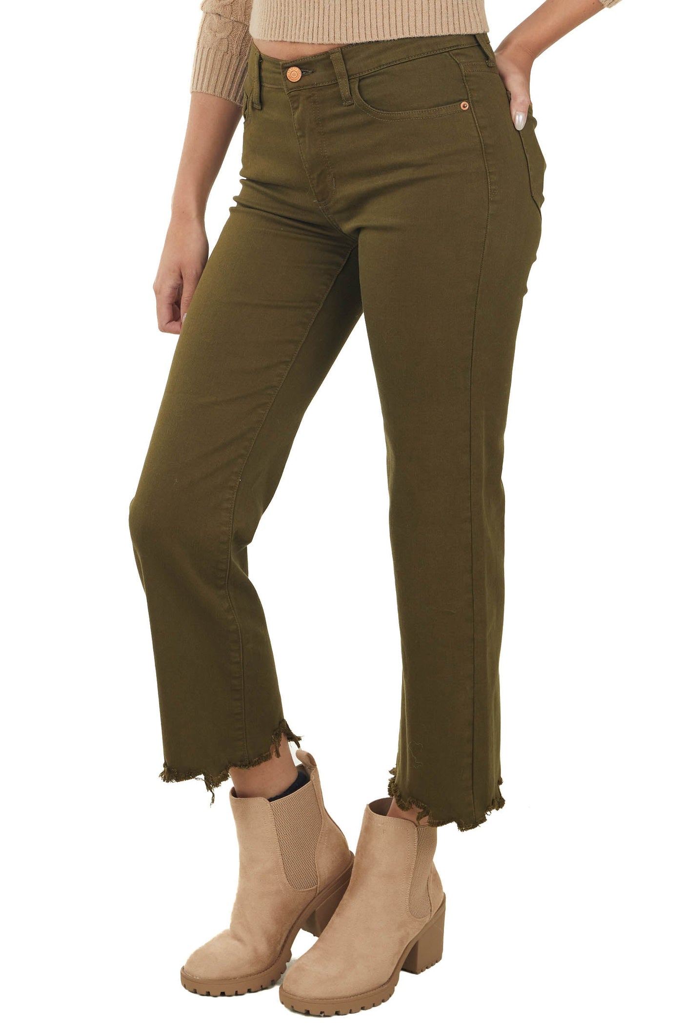 Army Green Mid Rise Cropped Straight Leg Jeans