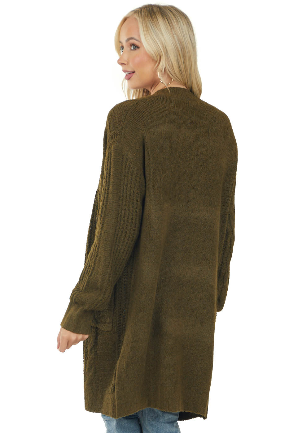Army Green Open Front Twisted Knit Cardigan