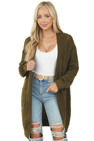 Army Green Open Front Twisted Knit Cardigan