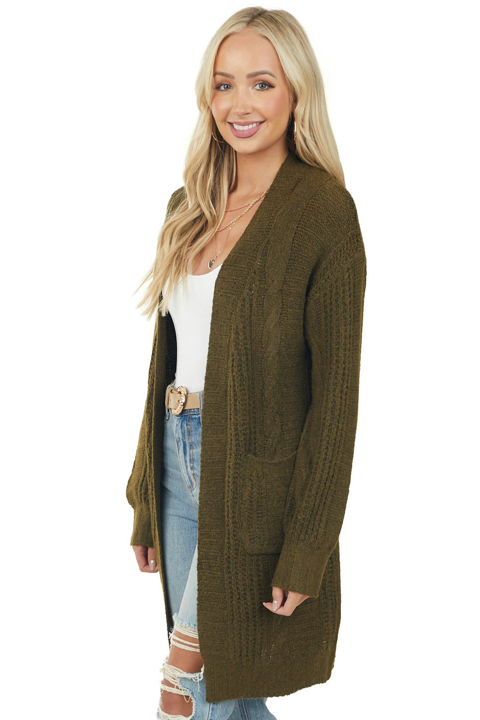 Army Green Open Front Twisted Knit Cardigan