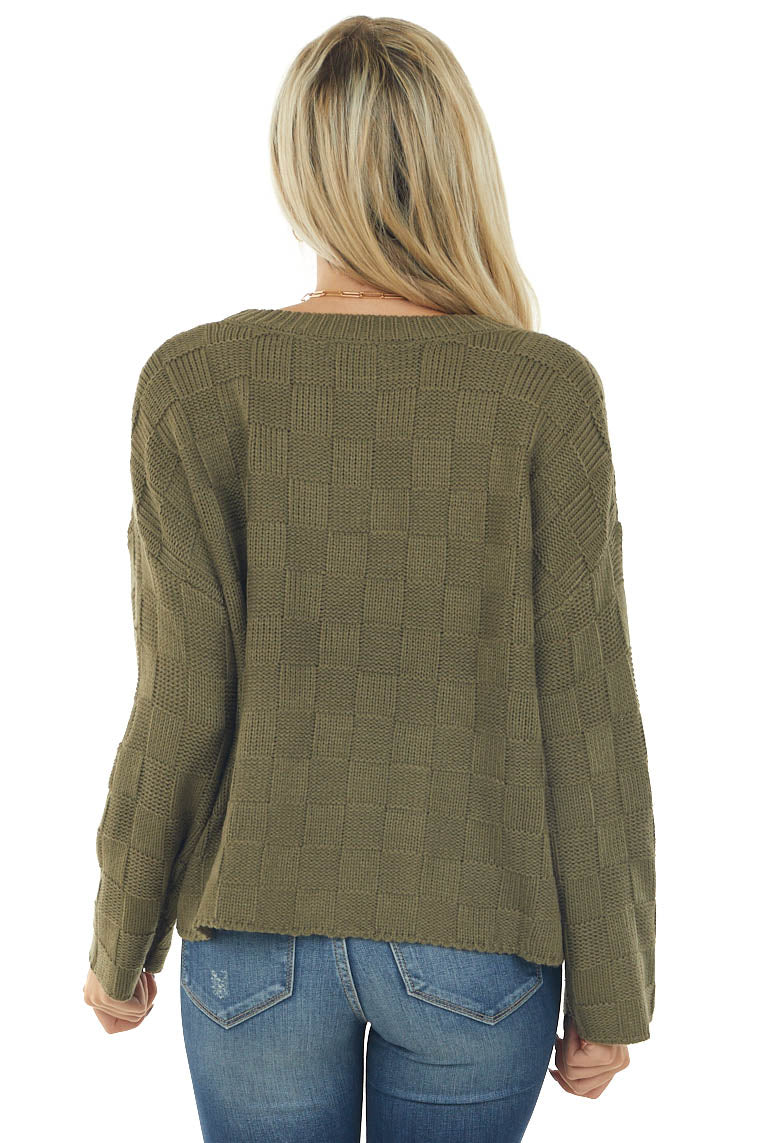 Army Green Square Textured Long Sleeve Sweater