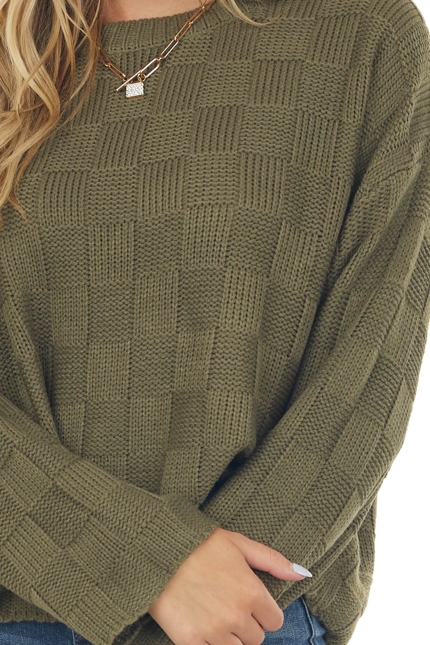 Army Green Square Textured Long Sleeve Sweater