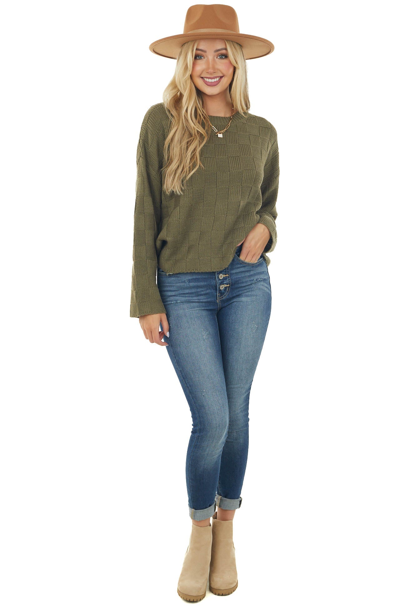 Army Green Square Textured Long Sleeve Sweater