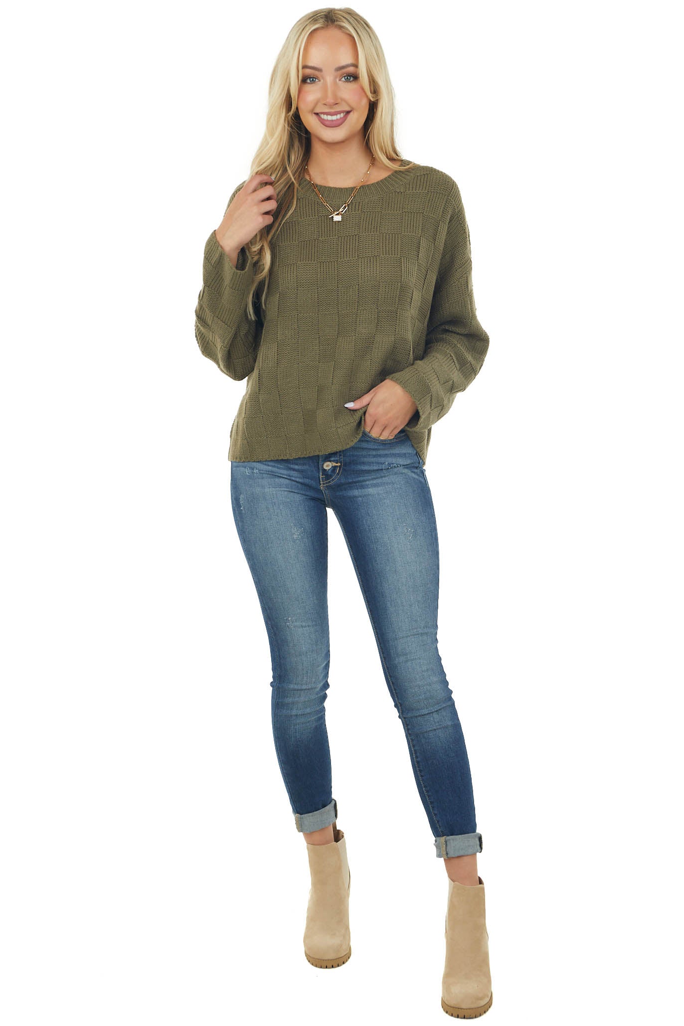 Army Green Square Textured Long Sleeve Sweater