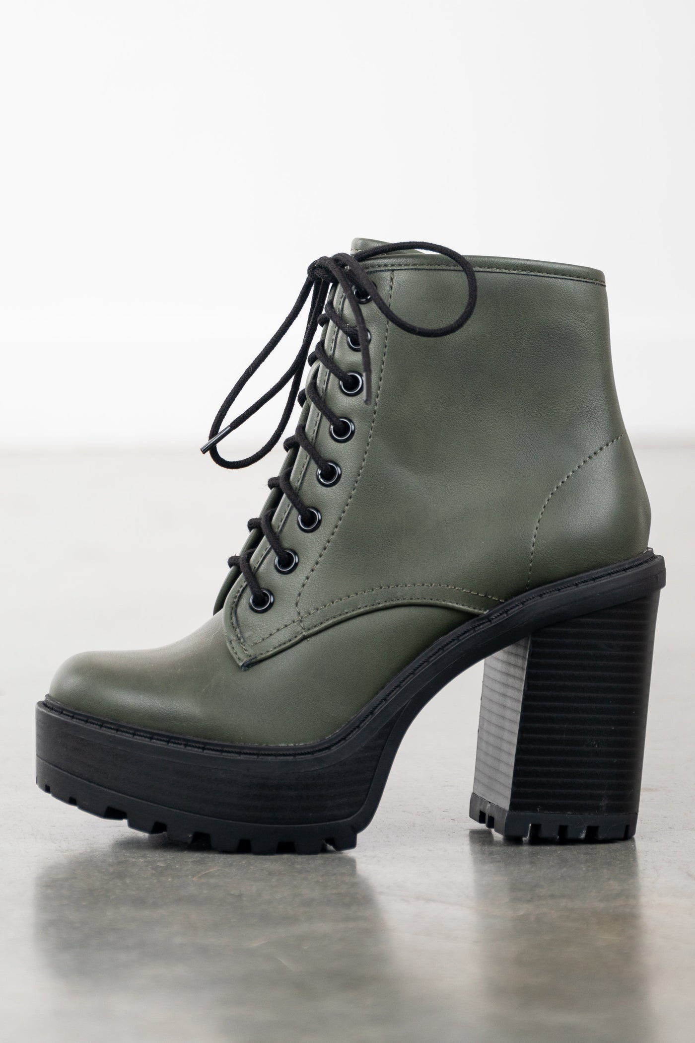 Army Green Lace Up Stacked Heel Combat Booties