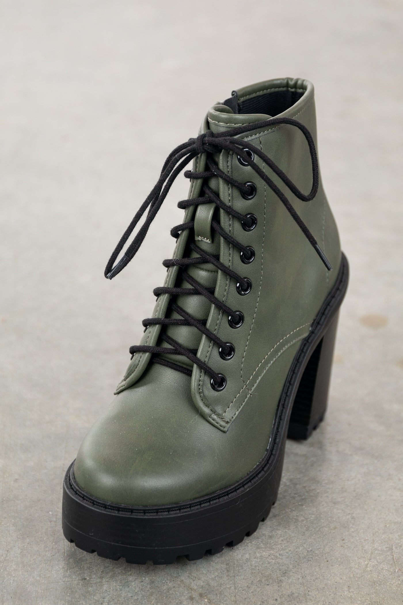 Army Green Lace Up Stacked Heel Combat Booties
