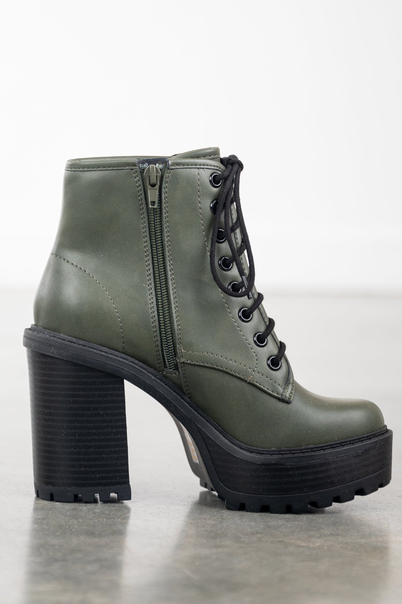 Army Green Lace Up Stacked Heel Combat Booties