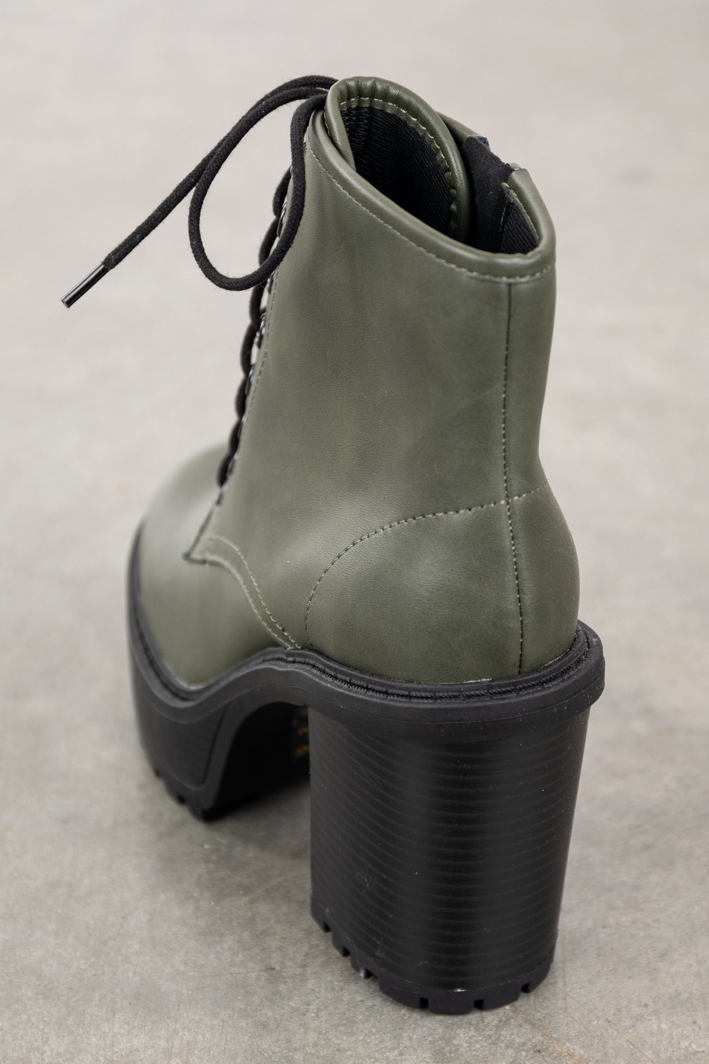 Army Green Lace Up Stacked Heel Combat Booties