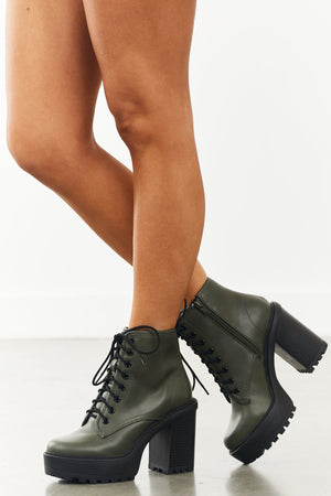Army Green Lace Up Stacked Heel Combat Booties