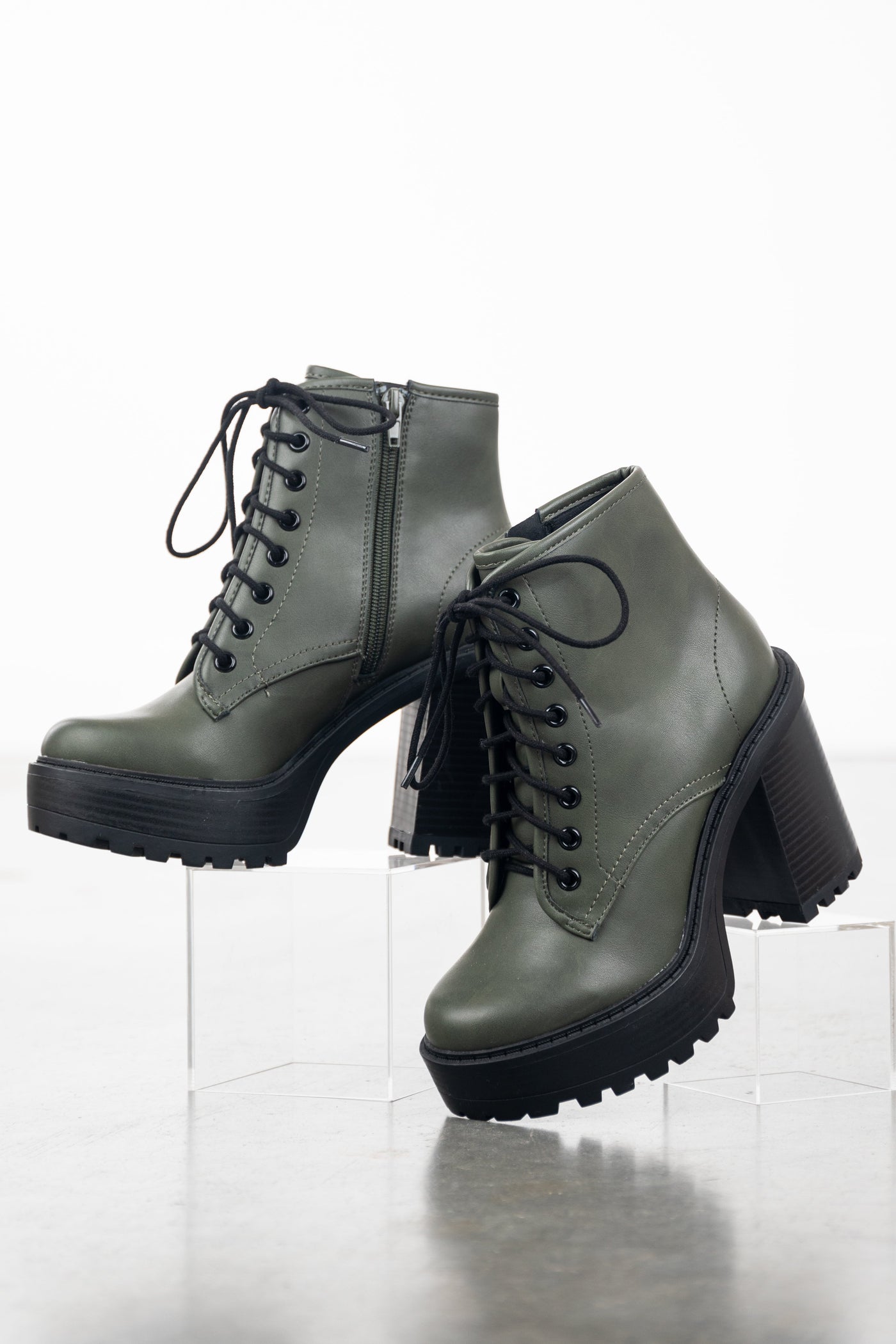 Army Green Lace Up Stacked Heel Combat Booties