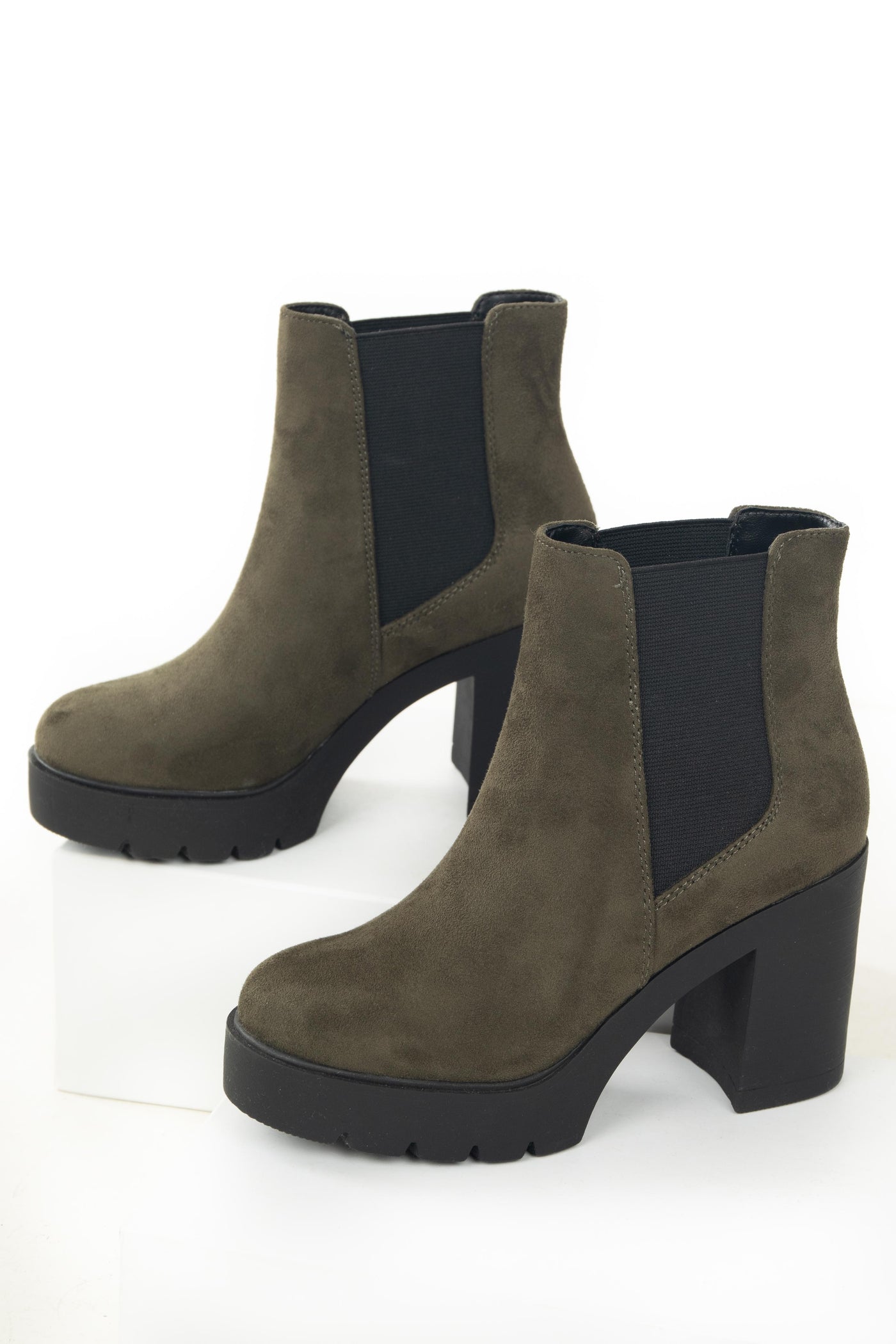 Army Green Stacked Heel Lug Boots with Side Panels