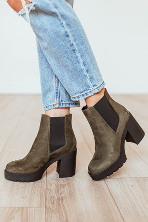 Army Green Stacked Heel Lug Boots with Side Panels