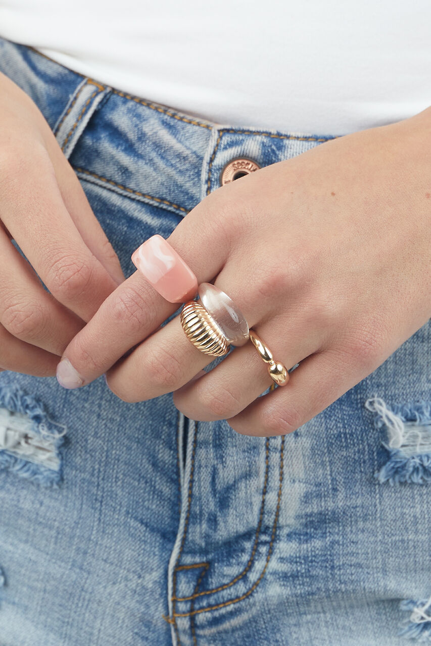 Assorted Shape Gold and Resin 4 Piece Ring Set