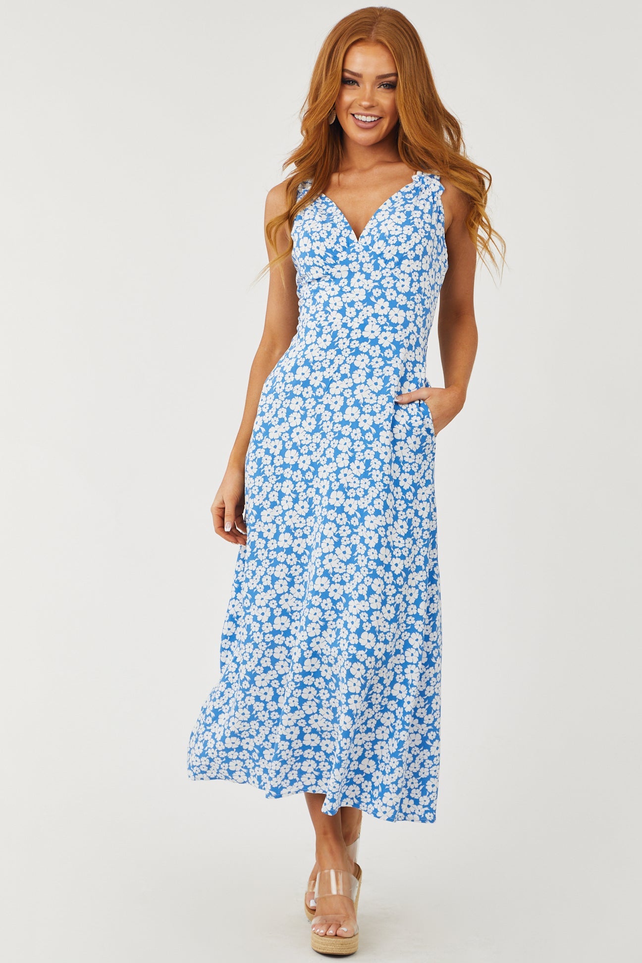 Azure Ditsy Floral V Neck Midi Dress with Pockets