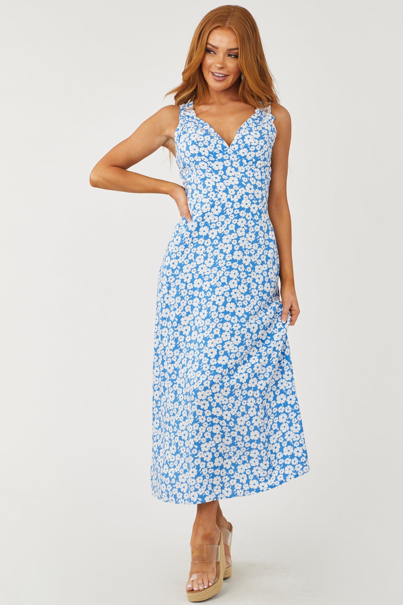 Azure Ditsy Floral V Neck Midi Dress with Pockets