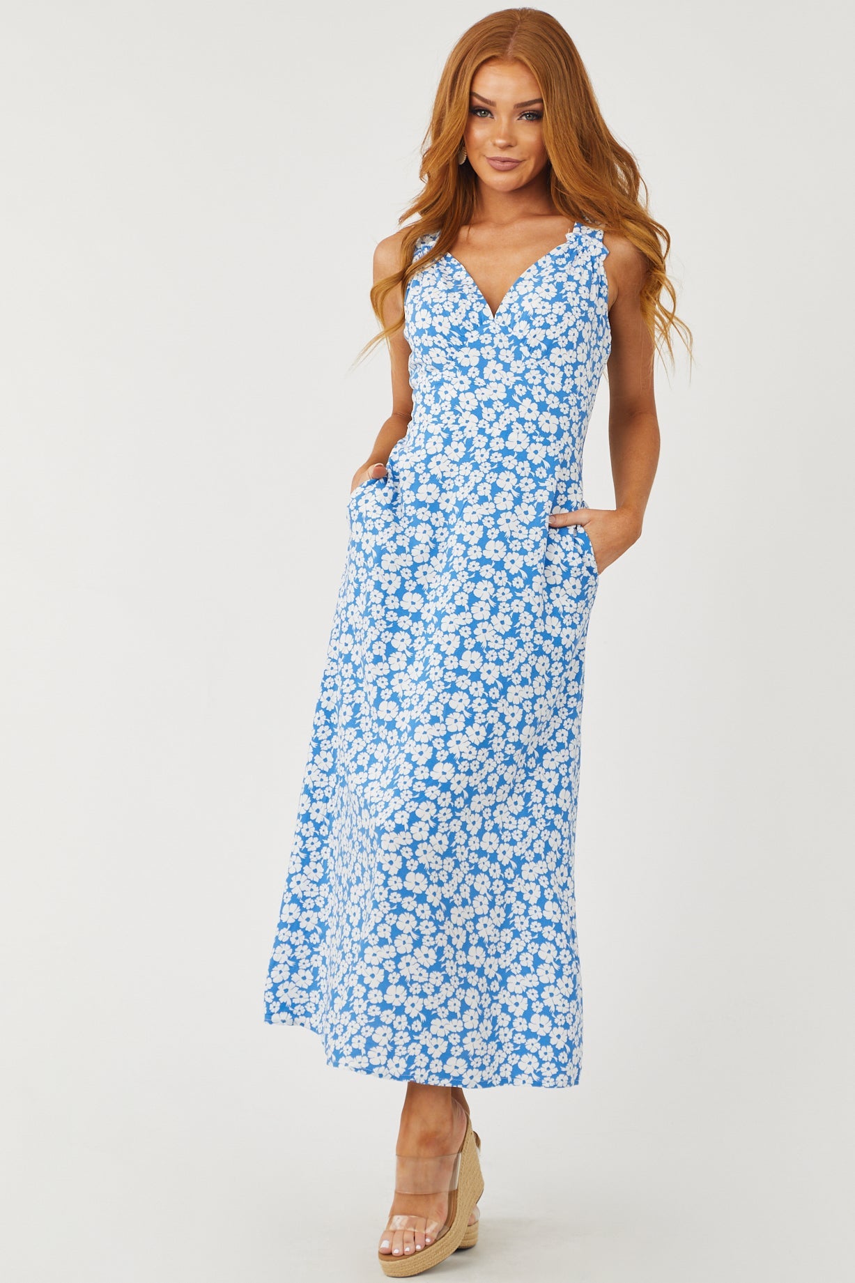 Azure Ditsy Floral V Neck Midi Dress with Pockets