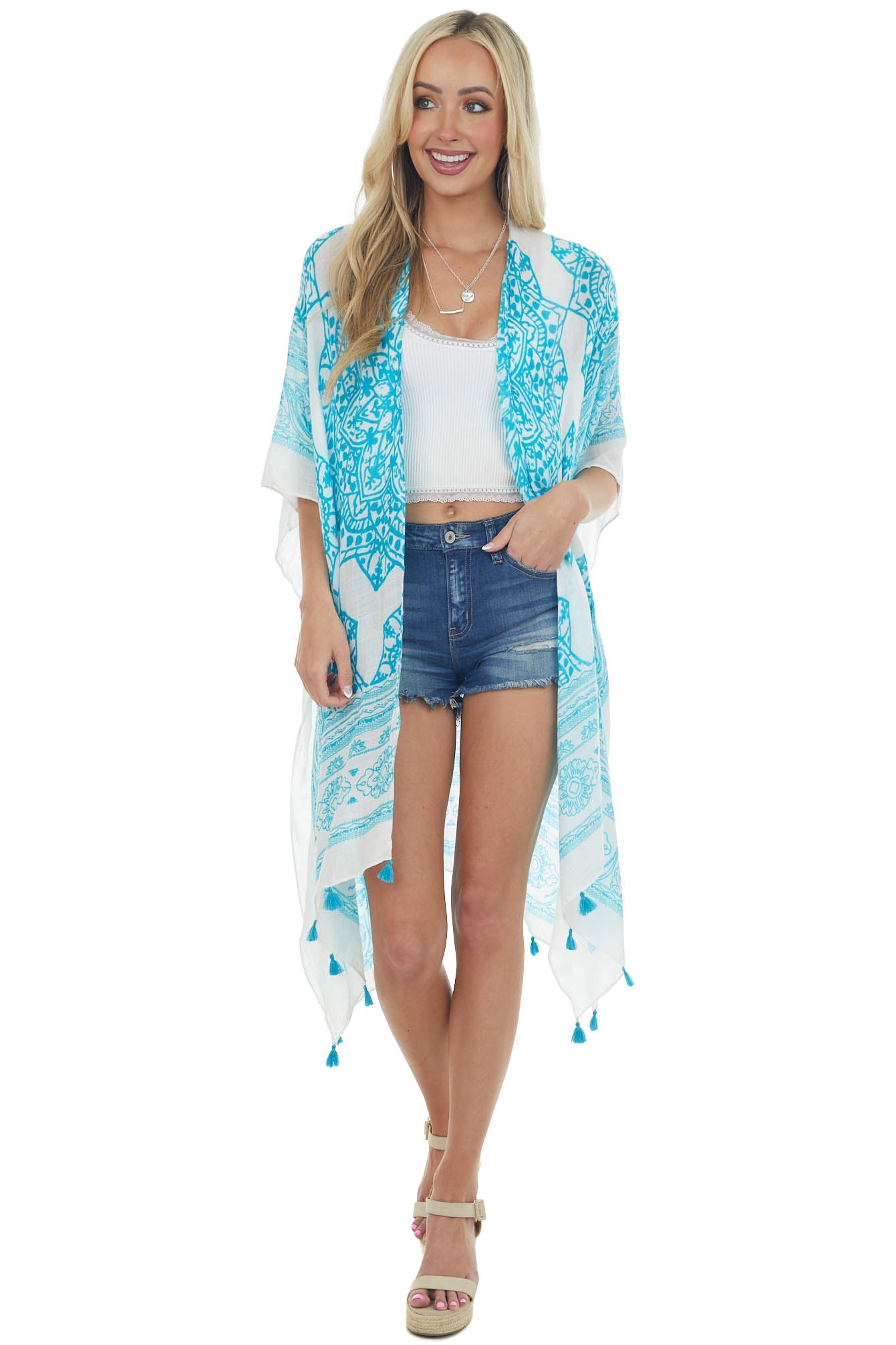 Azure Mandala Printed Kimono with Tassels
